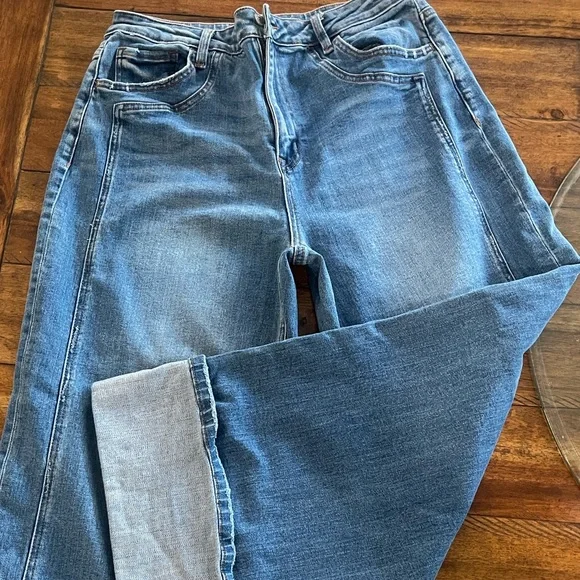 Flying Monkey high rise wide cuffed wide leg medium wash blue denim jeans sz 31 - Picture 2 of 16